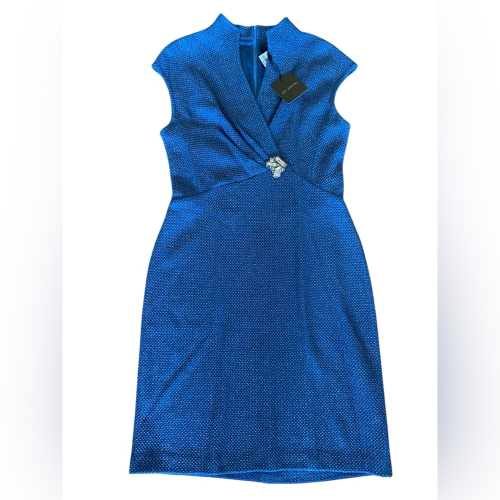 NEW ST. JOHN Blue Metallic Boucle Tweed Knit Sheath Zip Rhinestone Dress 8 $1395